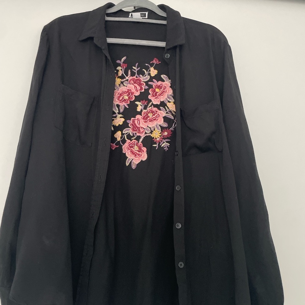 Another Story Black Shirt with Floral Embroidery
